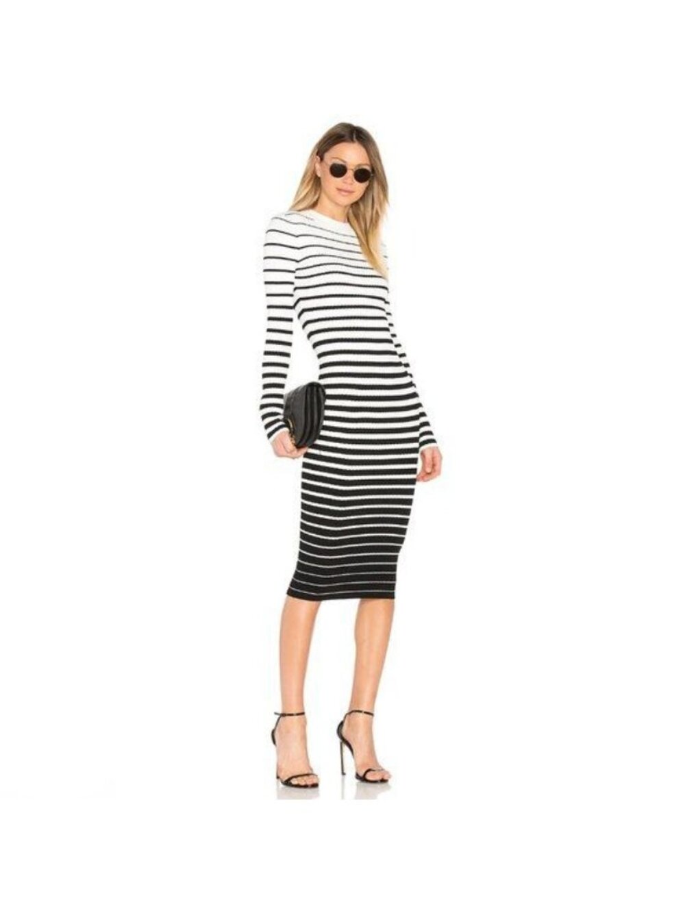 NWT Women's MILLY Degrade Striped Bodycon Midi Sweater Dress Black & White Sz P